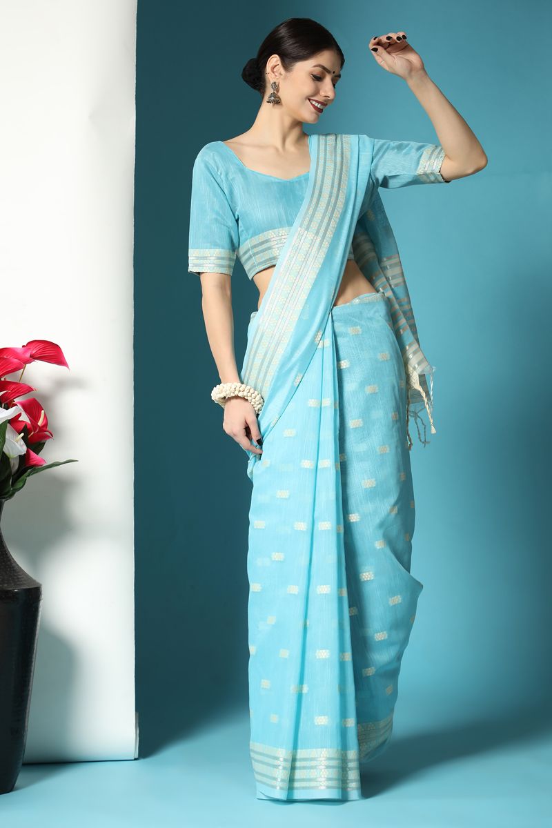 Beguiling Sky Blue Color Cotton Fabric Saree