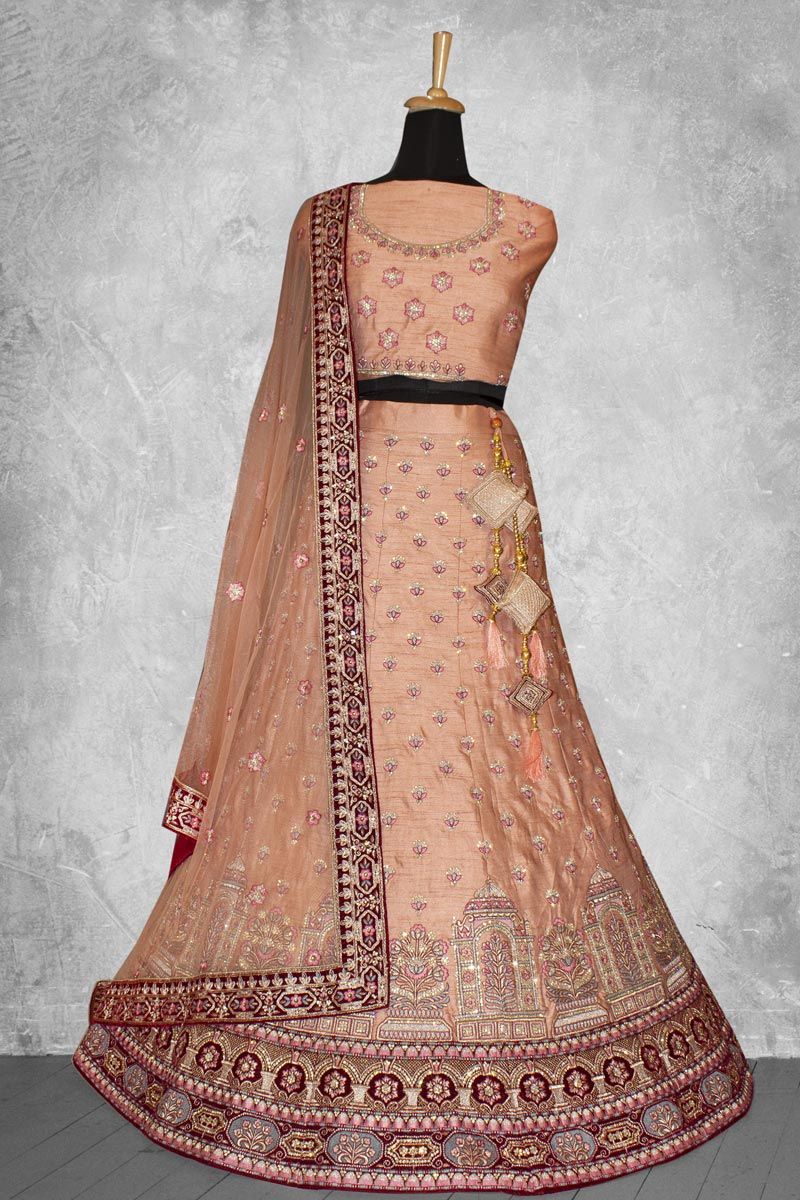 Peach Color Embroidered Work On Lehenga In Art Silk Fabric