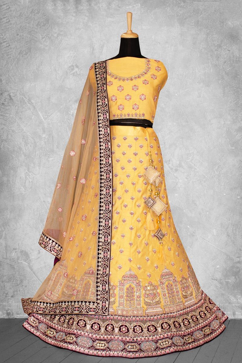 Embroidered Work On Yellow Color Art Silk Fabric Lehenga