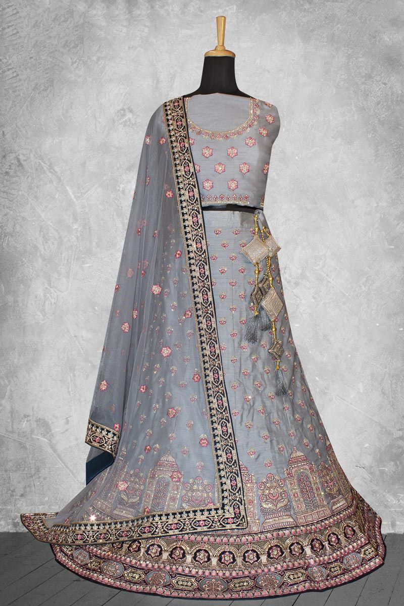 Grey Color Embroidered Work On Art Silk Fabric Beatific Lehenga