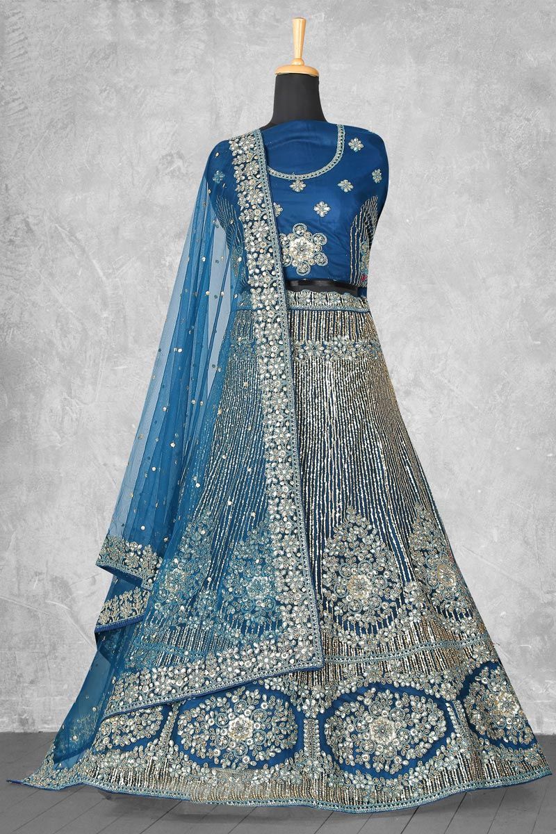 Embroidered Work On Blue Color Velvet Fabric Lehenga