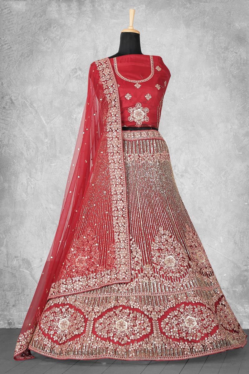 Embroidered Work On Velvet Fabric Red Color Lehenga