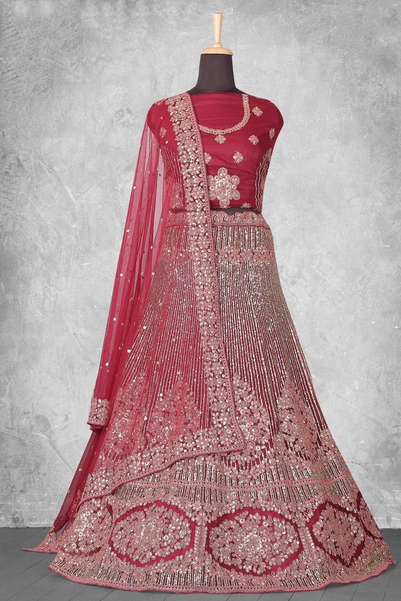 Velvet Fabric Pink Color Lehenga With Embroidered Work