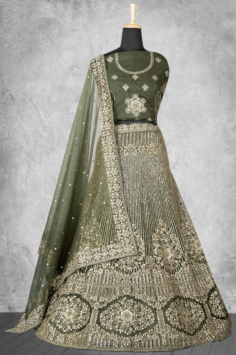 Green Color Velvet Fabric Lehenga With Embroidered Work