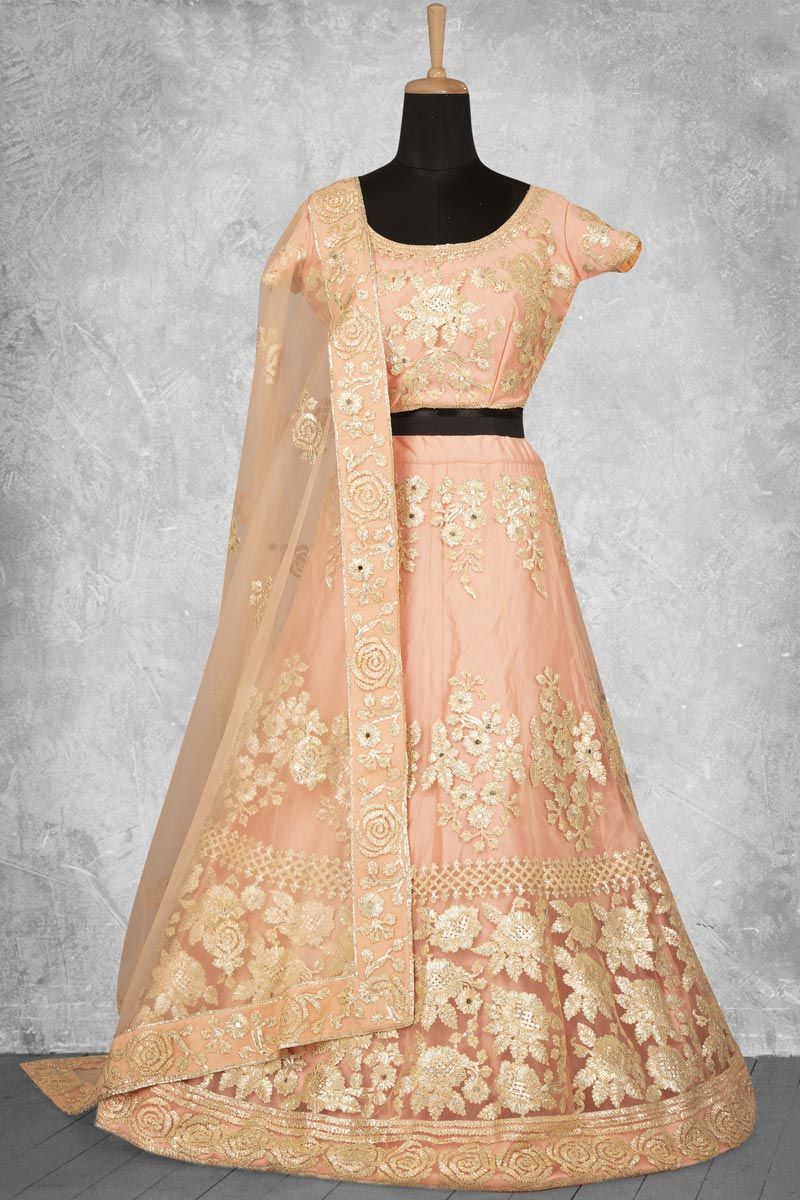 Embroidered Work On Peach Color Lehenga In Net Fabric