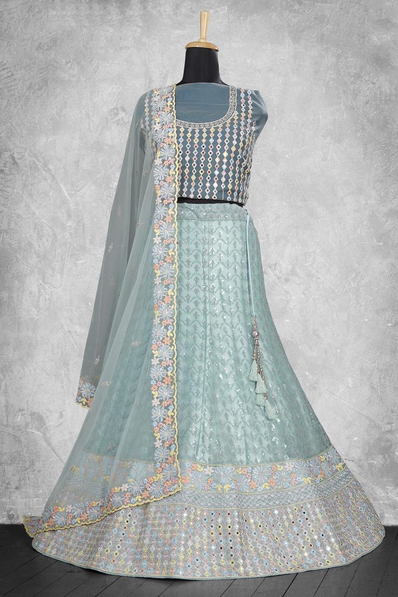 Embroidered Work On Lehenga In Light Cyan Color Net Fabric