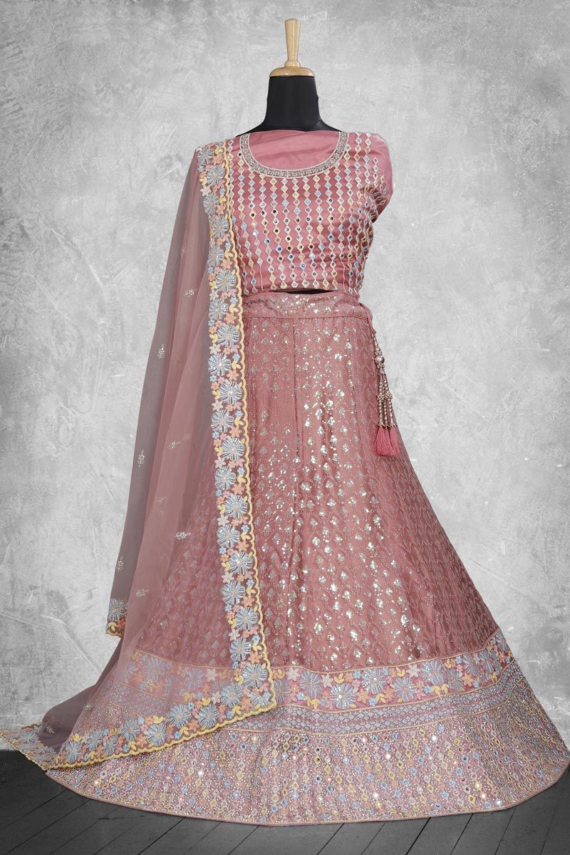 Embroidered Work Peach Lehenga Choli In Net Fabric