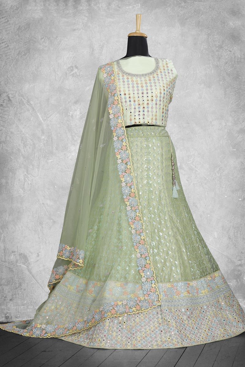 Sea Green Color Net Fabric Lehenga With Embroidered Work