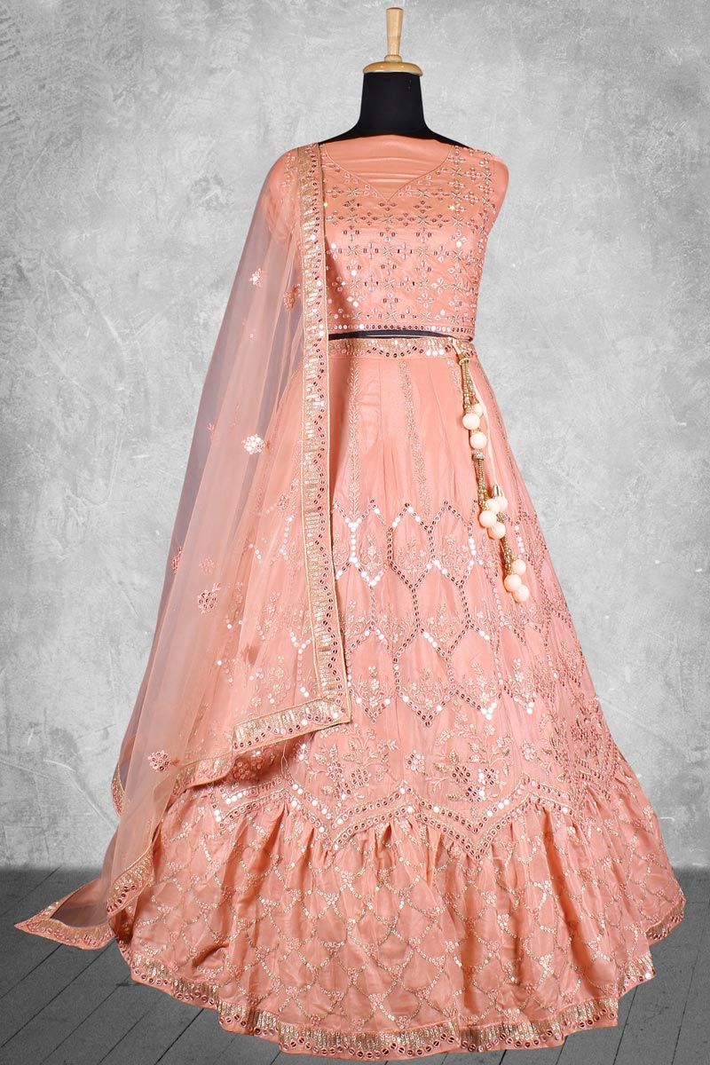 Peach Color Patterned Satin Fabric Wedding Wear Lehenga Choli