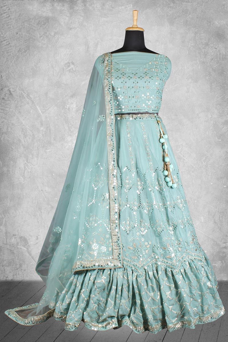 Sea Green Color Sober Satin Fabric Wedding Wear Lehenga Choli