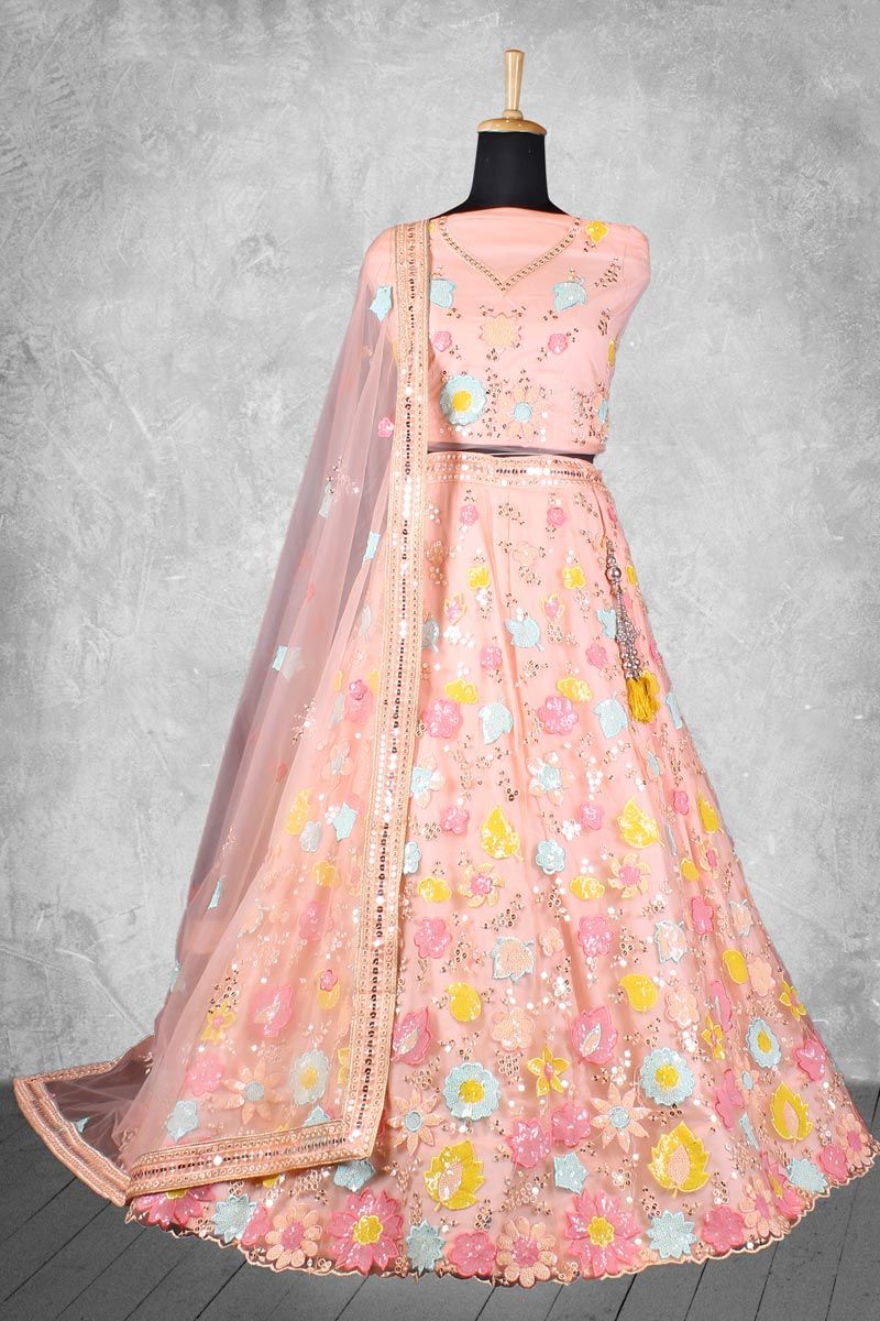 Net Fabric Wedding Wear Lehenga Choli In Peach Color