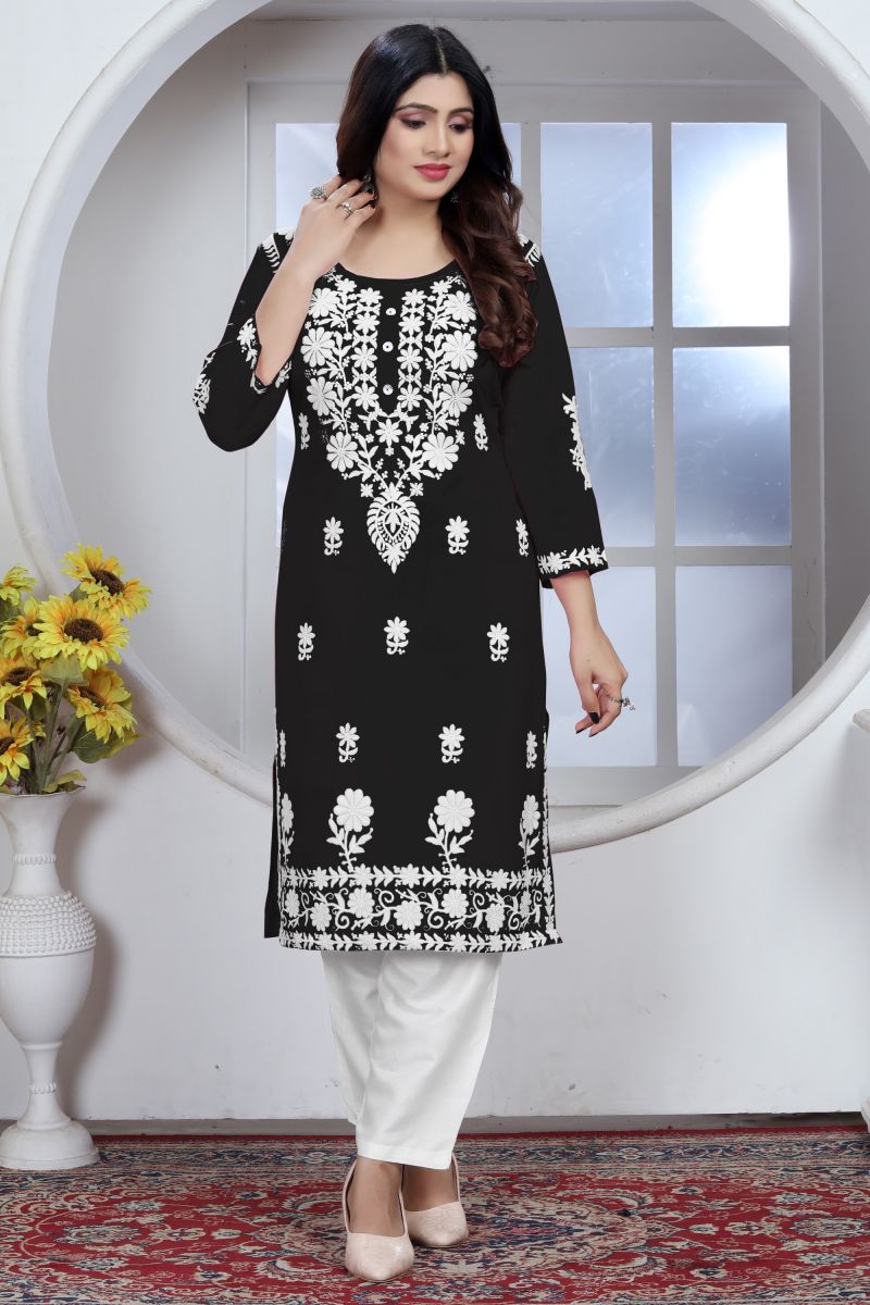 Beguiling Black Color Rayon Fabric Chikankari Embroidered Kurti With Bottom