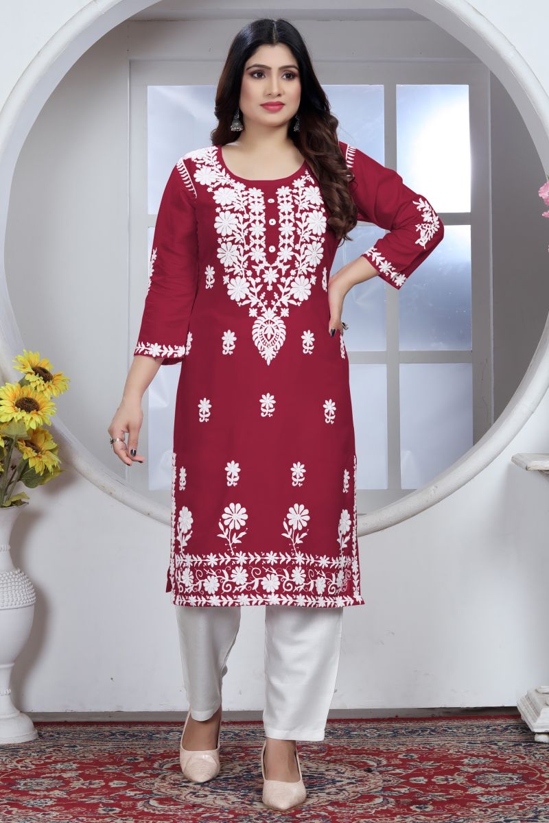 Tempting Rayon Fabric Maroon Color Chikankari Embroidered Kurti With Bottom