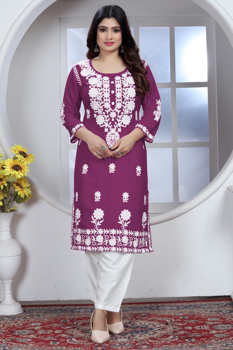 Engaging Wine Color Rayon Fabric Chikankari Embroidered Kurti With Bottom