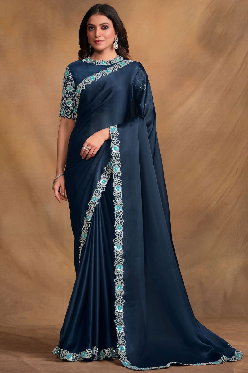 Fancy Fabric Navy Blue Color Embroidered Saree With Designer Blouse