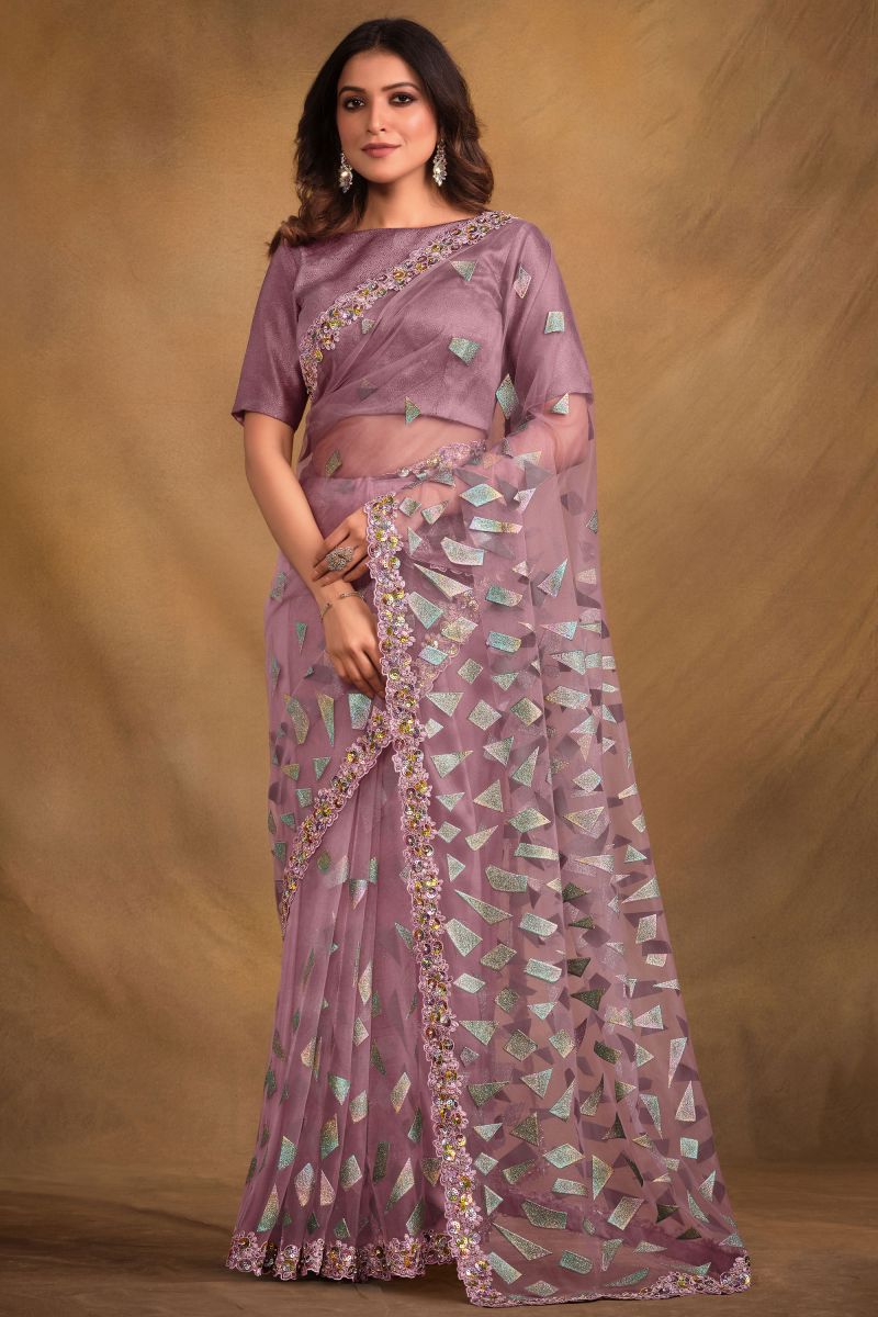 Lavender Color Fancy Fabric Embroidered Saree With Designer Blouse