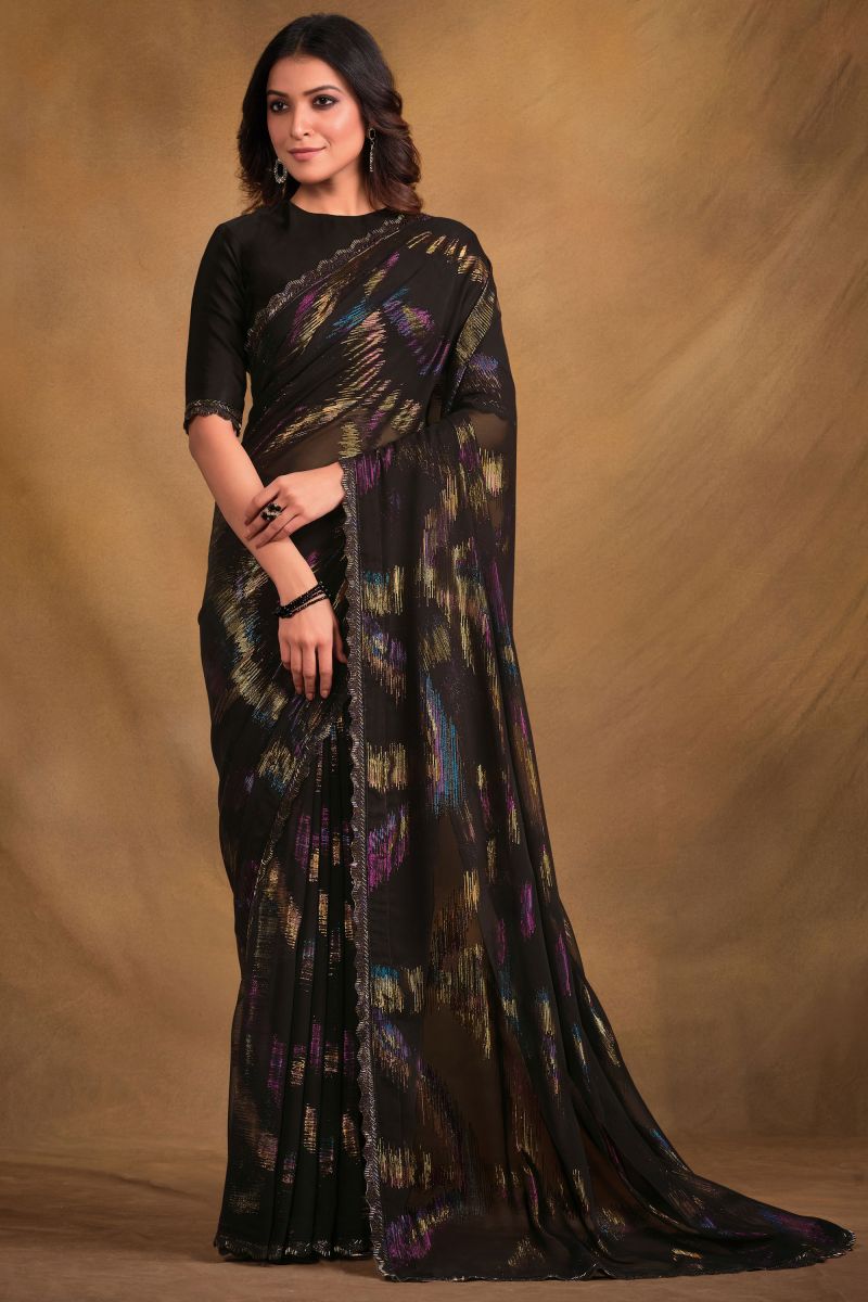 Exclusive Black Color Fancy Fabric Hand Work Saree With Designer Blouse