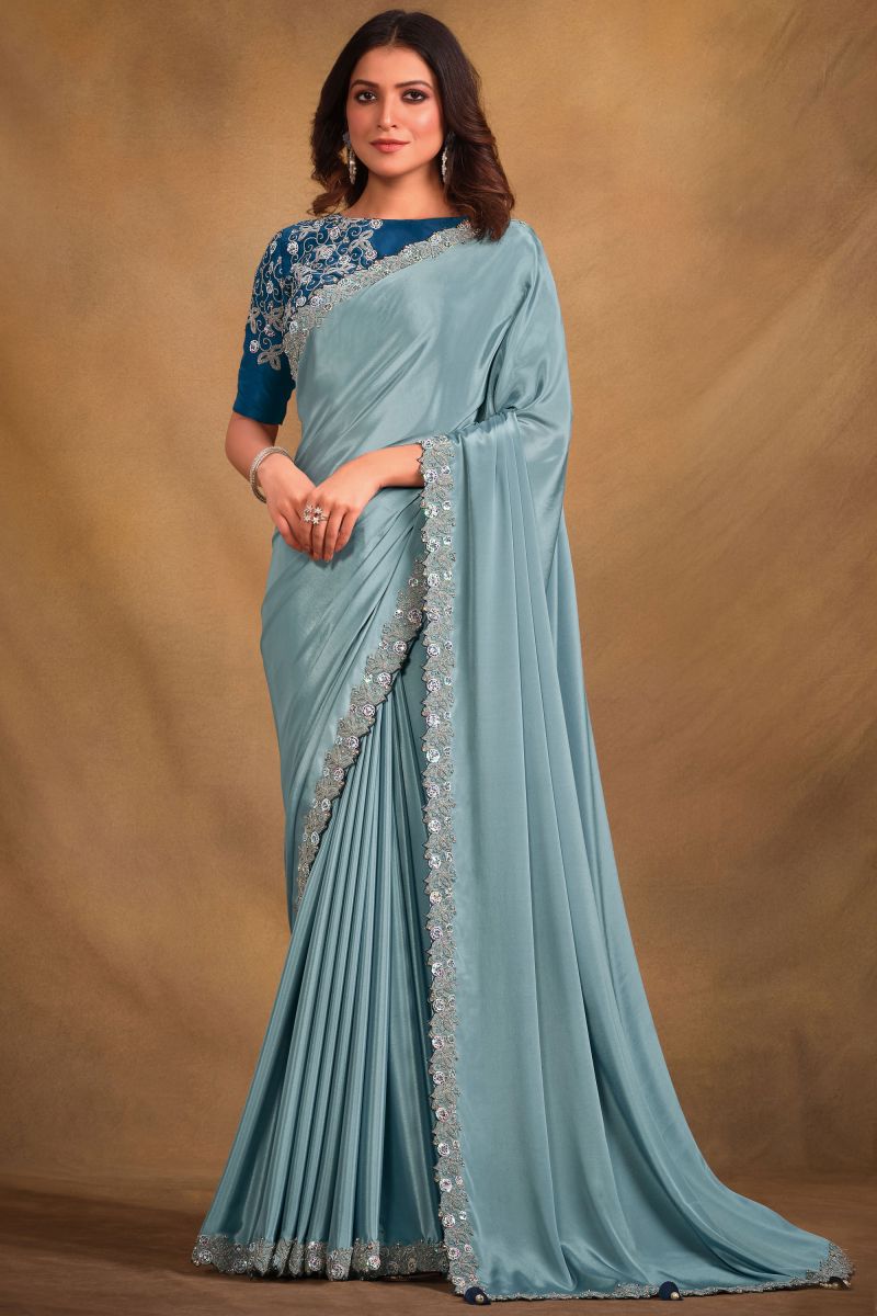 Function Wear Fancy Fabric Light Cyan Color Embroidered Saree With Designer Blouse