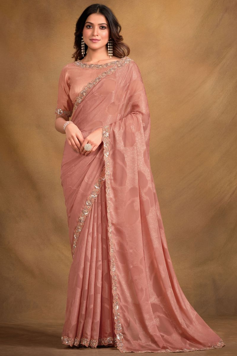 Peach Color Fancy Fabric Embroidered Saree With Designer Blouse