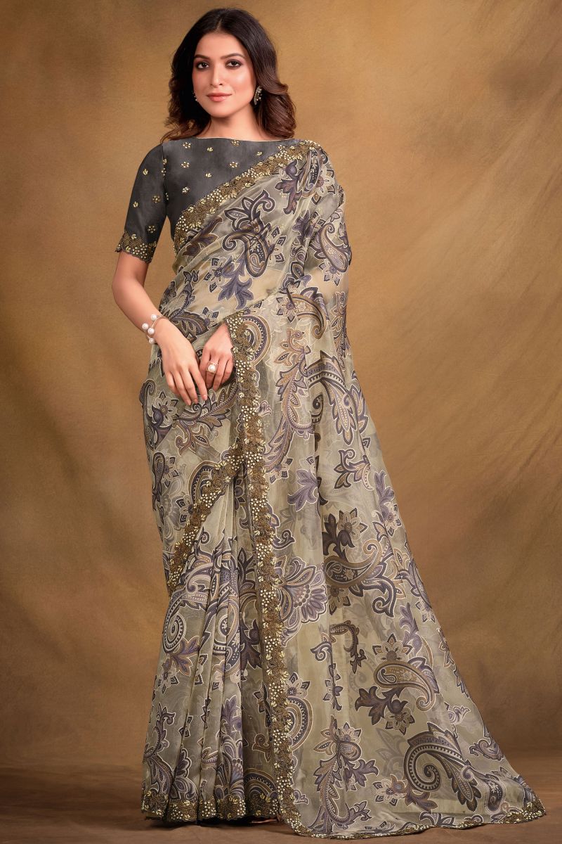 Grey Color Fancy Fabric Party Wear Embroidered Saree With Designer Blouse