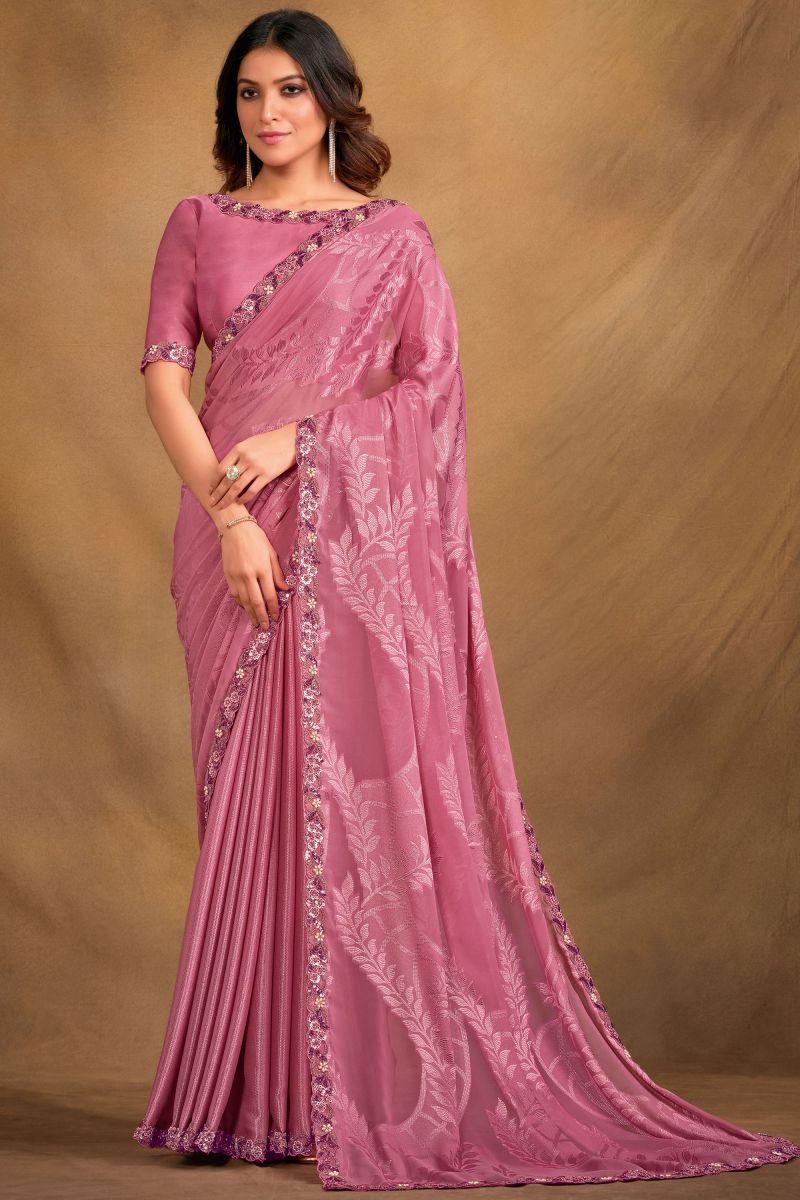 Beautiful Fancy Fabric Pink Color Embroidered Saree With Designer Blouse