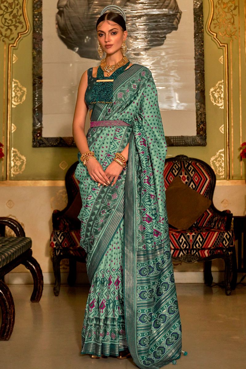 Green Smoothy Printed Patola Silk Saree with Designer Border