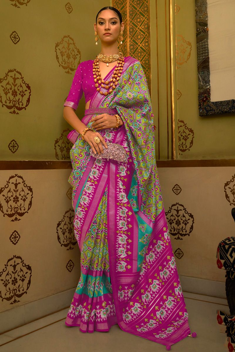 Pear Green Smoothy Printed Patola Silk Saree with Designer Border