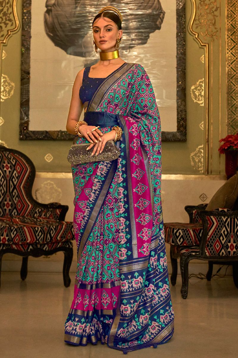 Cyan Smoothy Printed Patola Silk Saree with Designer Border