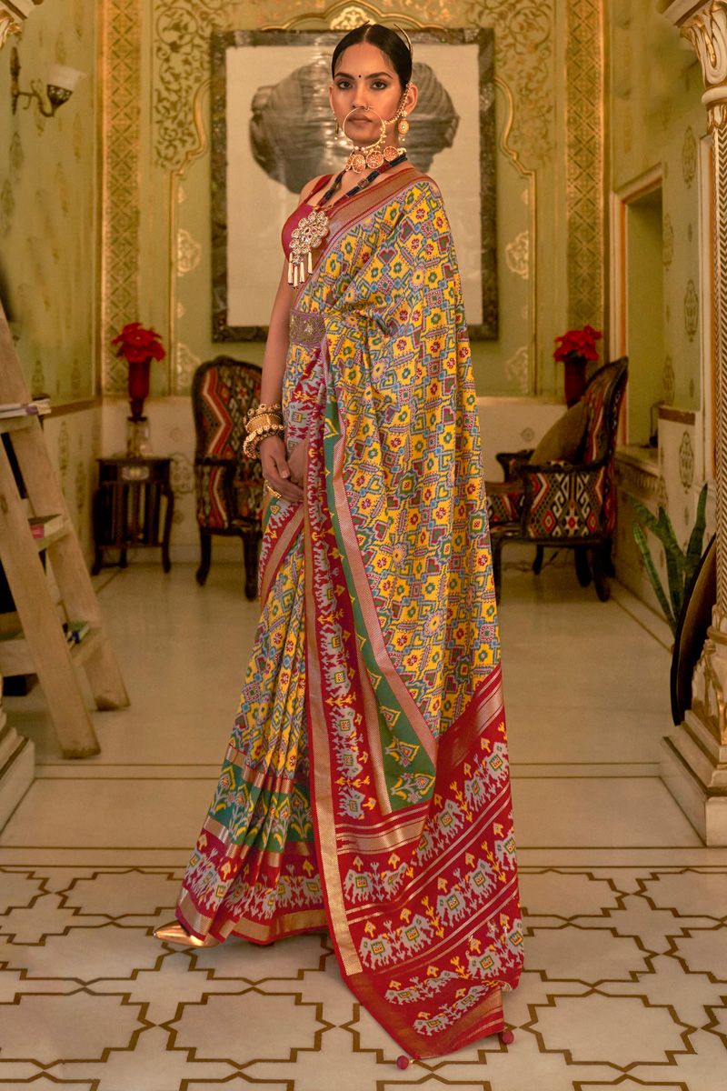 Yellow Smoothy Printed Patola Silk Saree with Designer Border