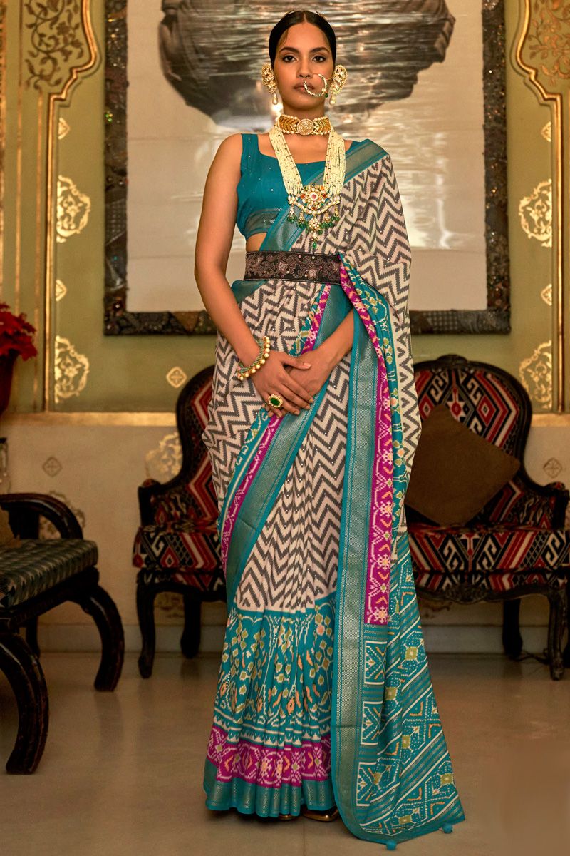 Gray And Cyan Smoothy Printed Patola Silk Saree with Designer Border