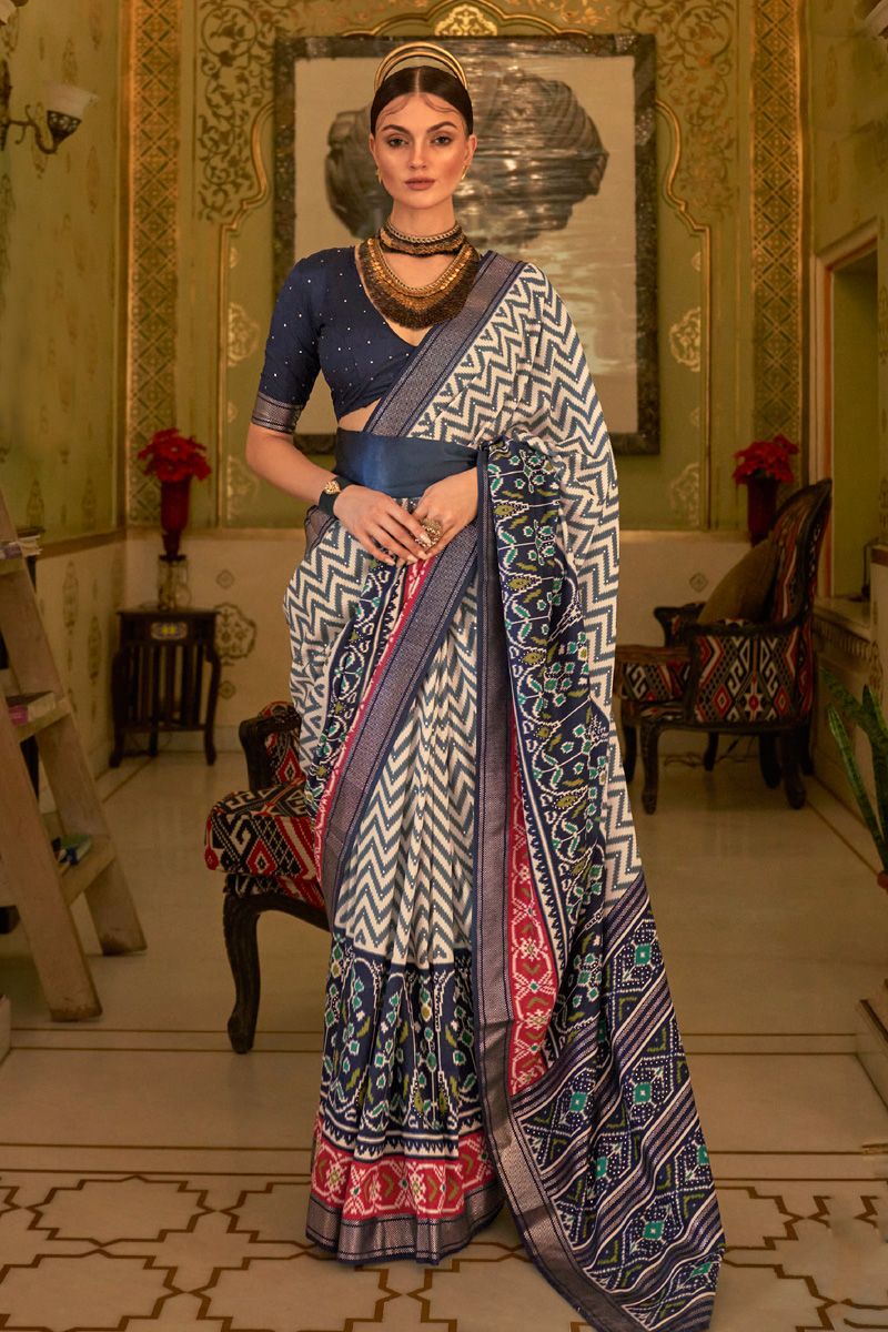 Navy Blue Smoothy Printed Patola Silk Saree with Designer Border