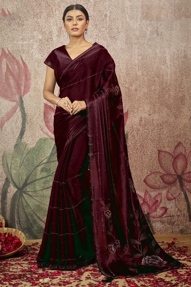 Satin Silk Fabric Maroon Color Pleasing Fancy Work Saree