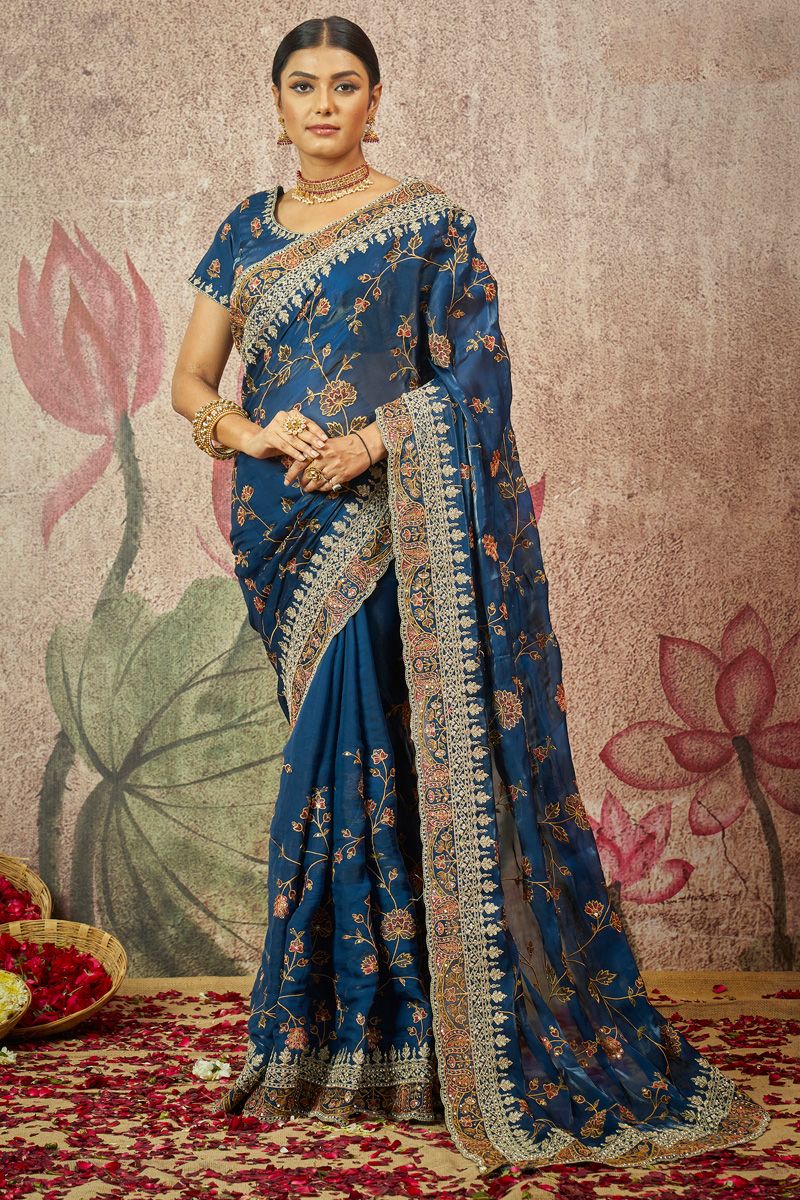 Teal Color Sequins Work On Organza Fabric Blazing Saree