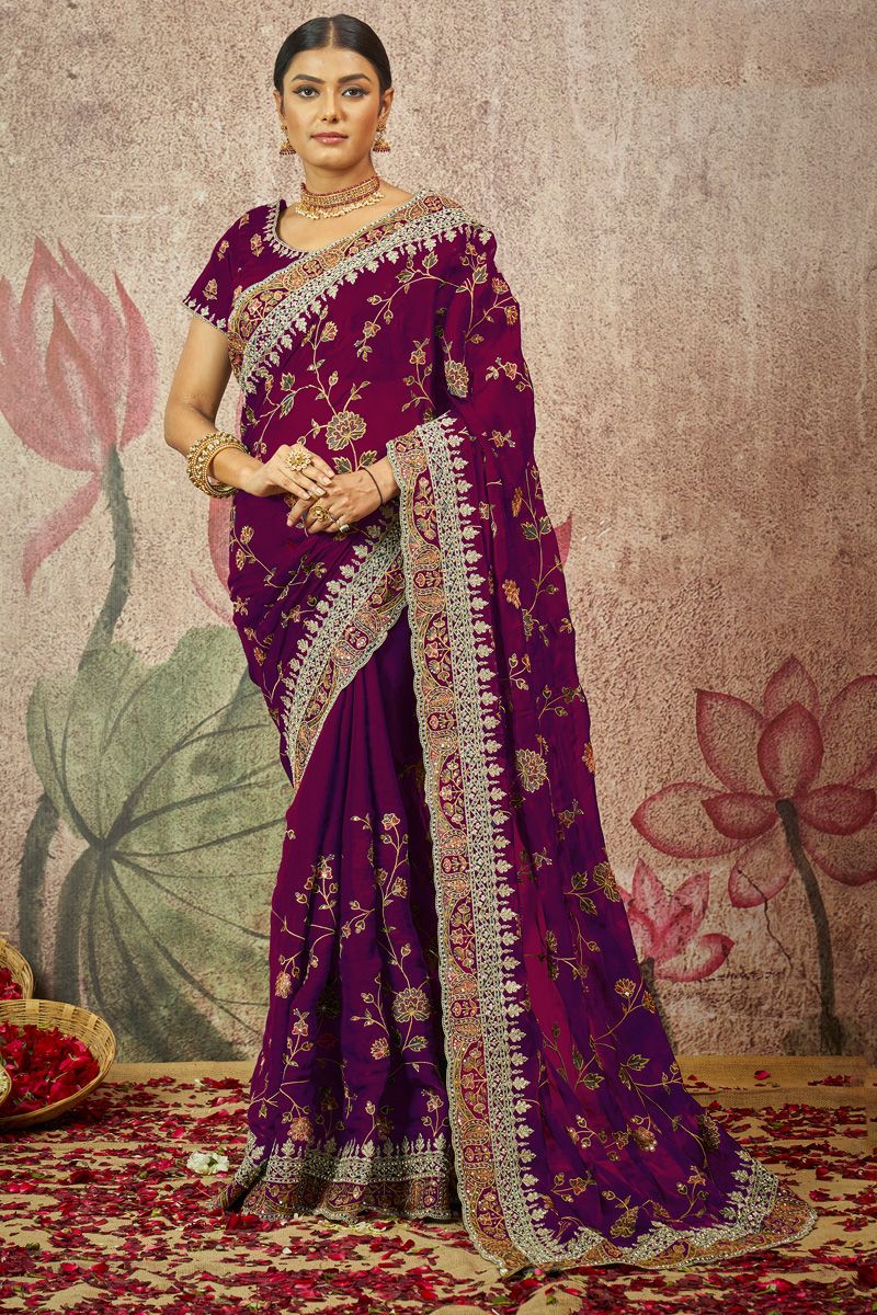 Sequins Work On Wine Color Organza Fabric Astounding Saree