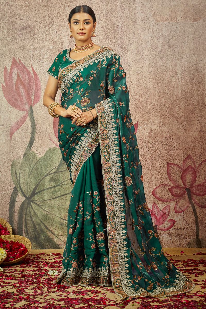 Sequins Work On Organza Fabric Green Color Lavish Saree