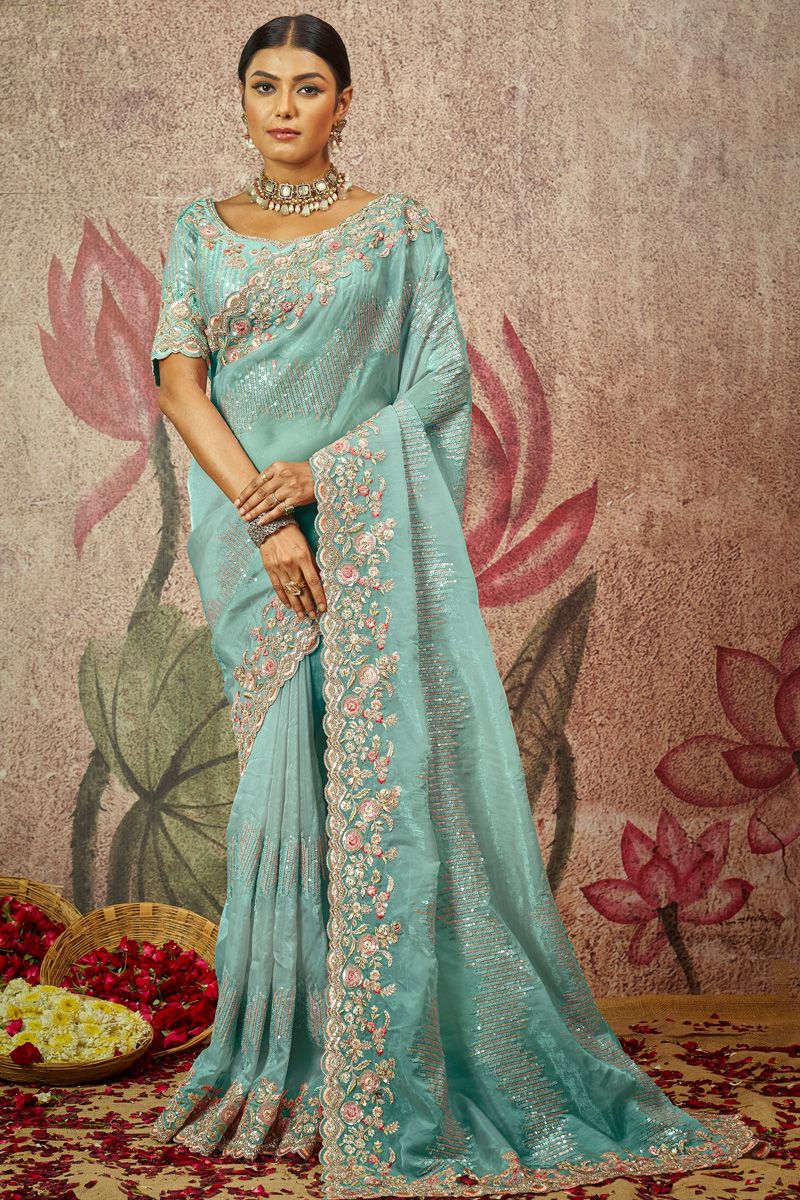 Sequins Work On Light Cyan Color Organza Fabric Stylish Saree