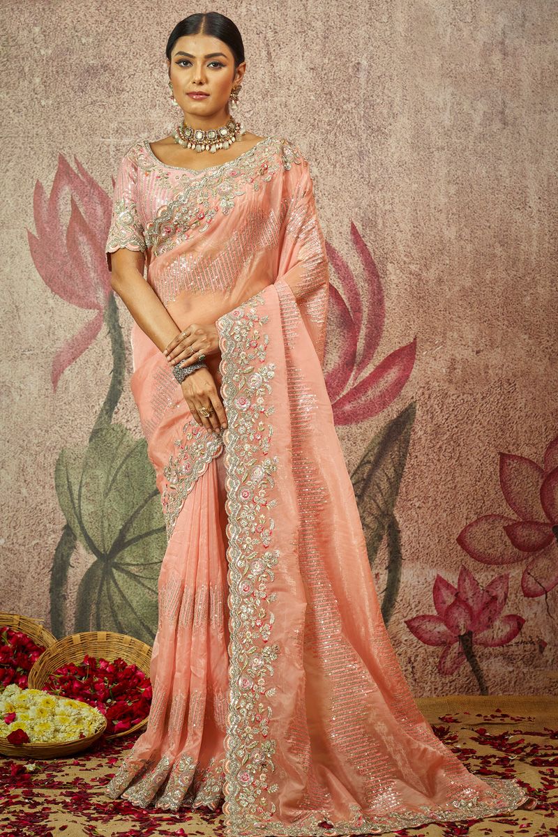 Organza Fabric Peach Color Intricate Sequins Work Saree