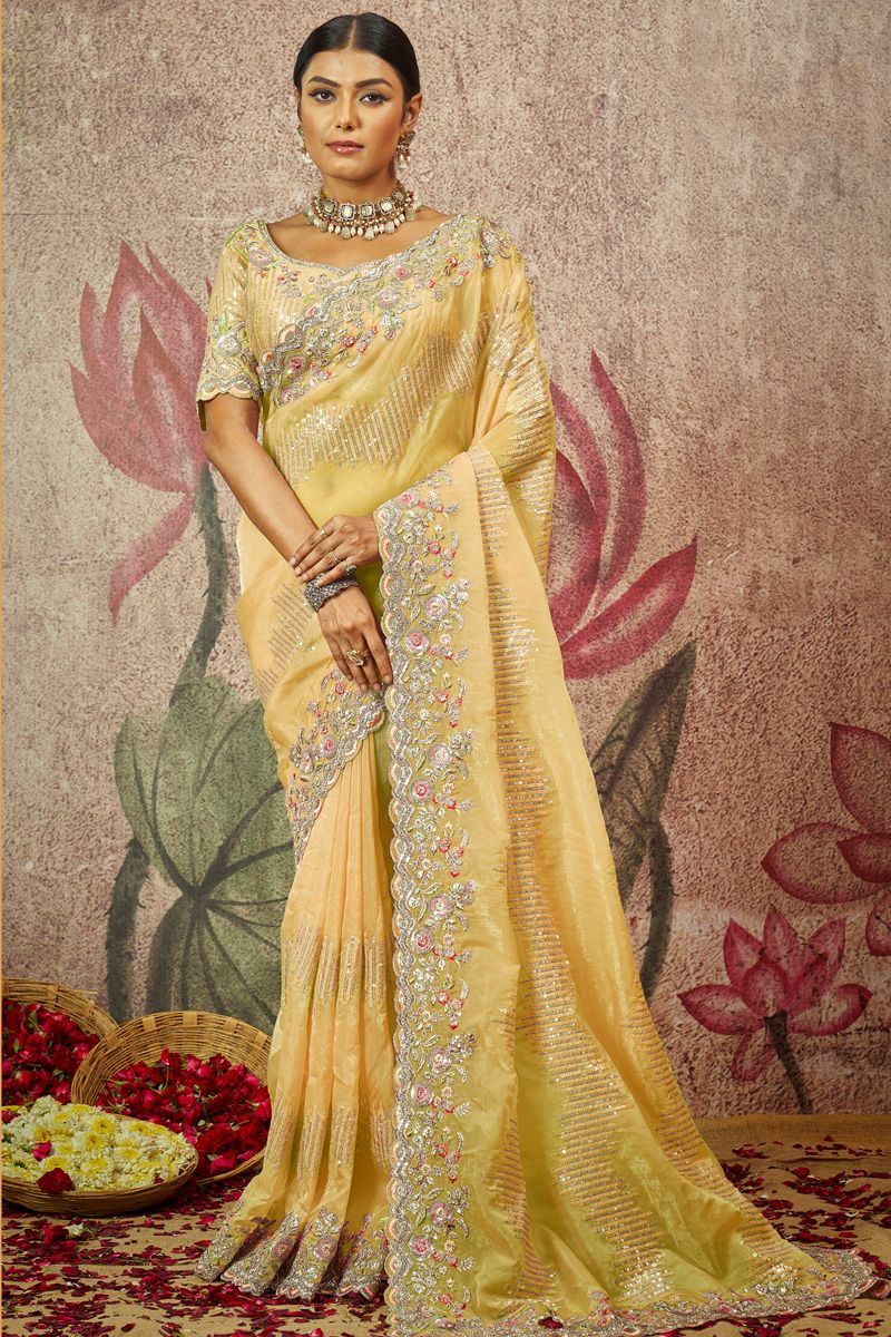 Yellow Color Sequins Work On Organza Fabric Superior Saree