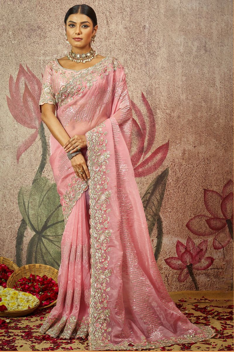 Winsome Sequins Work On Pink Color Organza Fabric Saree