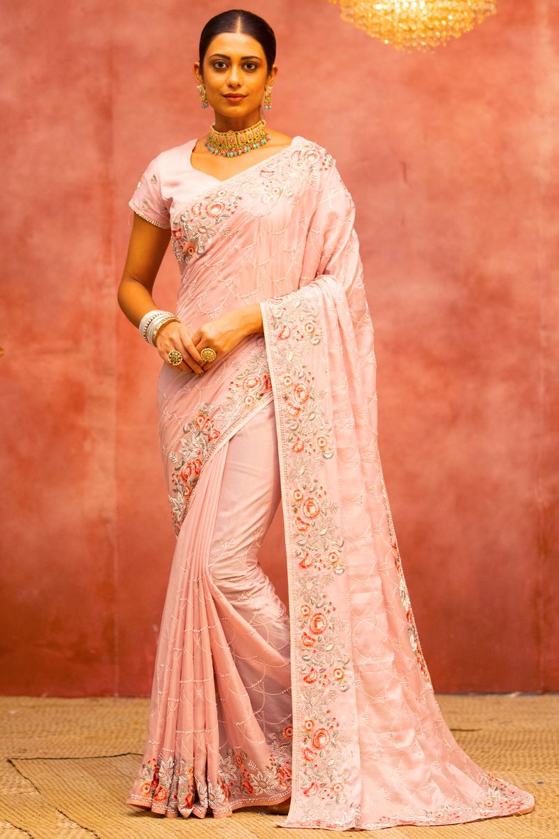 Excellent Organza Fabric Peach Color Saree With Embroidered Work 