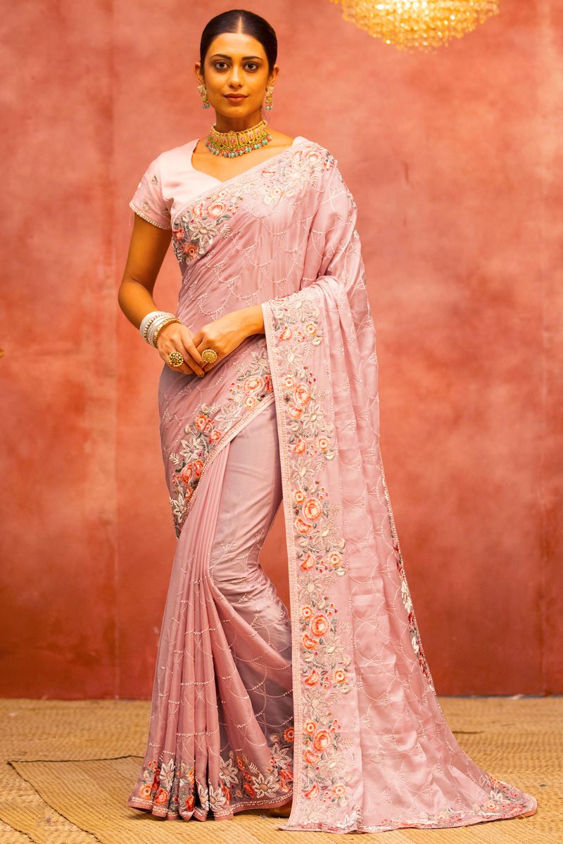 Beguiling Embroidered Work On Pink Color Organza Fabric Saree