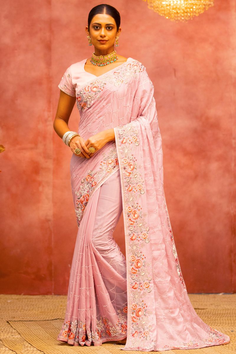 Incredible Embroidered Work On Organza Fabric Pink Color Saree