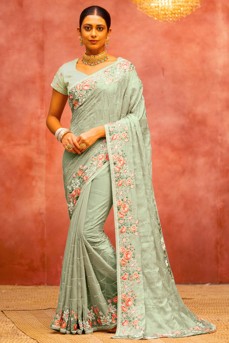 Tempting Organza Fabric Sea Green Color Saree With Embroidered Work