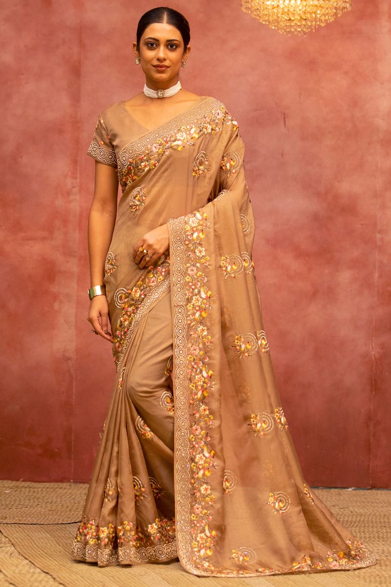 Classic Embroidered Work On Chikoo Color Saree In Net Fabric