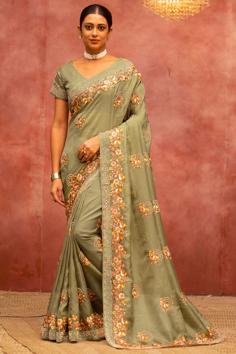 Amazing Olive Color Net Fabric Saree With Embroidered Work