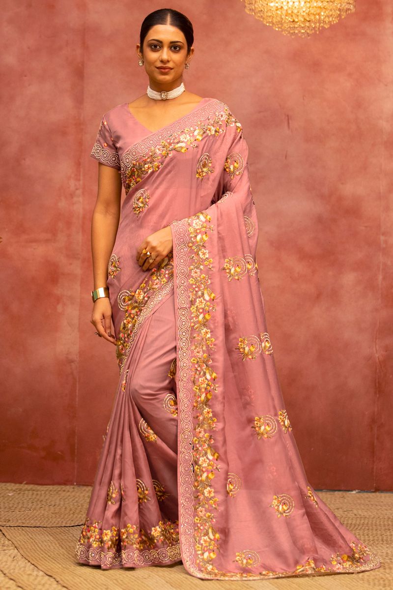 Solid Net Fabric Embroidered Work On Saree In Pink Color