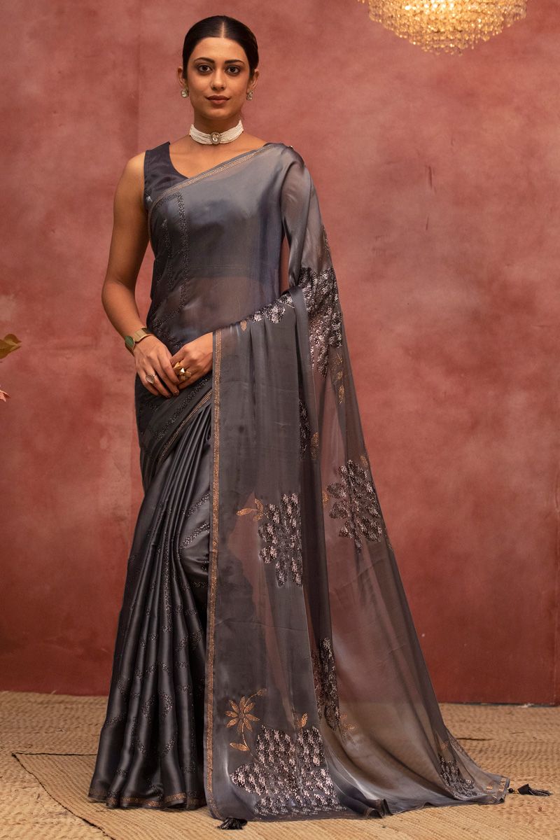 Dazzling Fancy Work On Grey Color Saree In Satin Silk Fabric