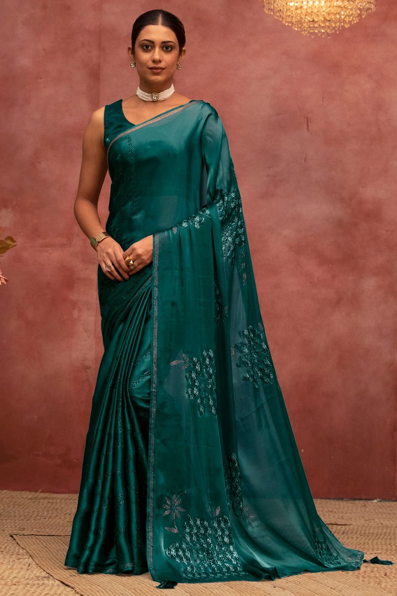 Entrancing Satin Silk Fabric Saree In Teal Color With Fancy Work