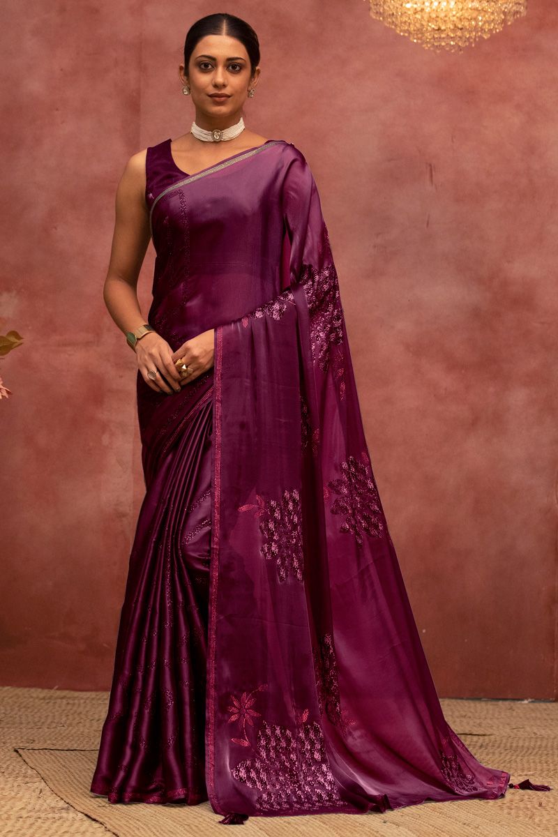 Charming Purple Color Satin Silk Fabric Saree With Fancy Work