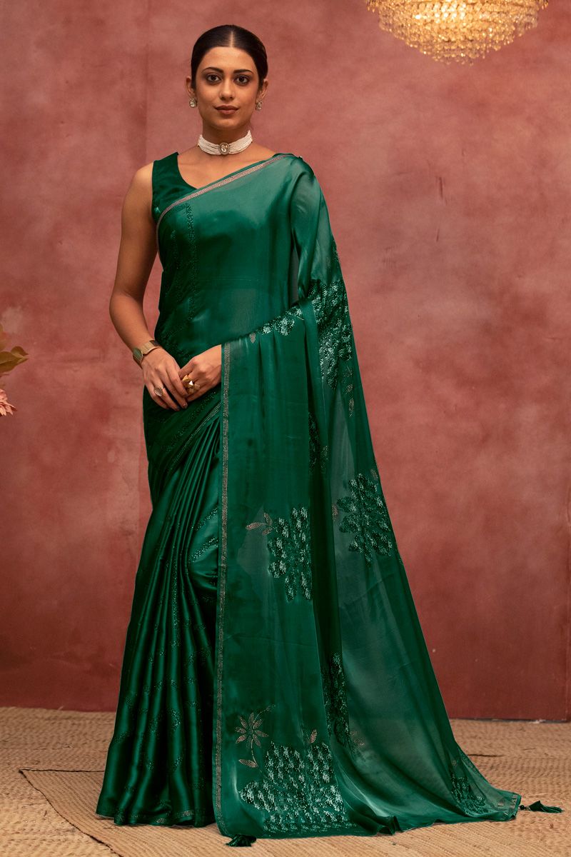 Mesmeric Dark Green Color Fancy Work On Saree In Satin Silk Fabric